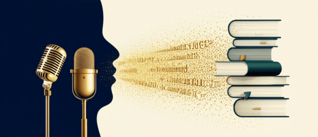 Voice transforming into golden light that crystallizes into beautifully bound books