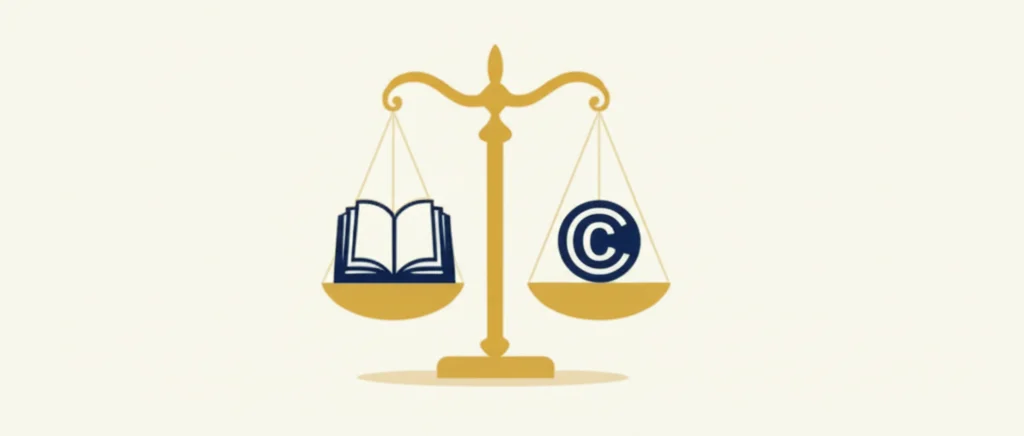 Scales of justice balanced with a book and copyright symbol