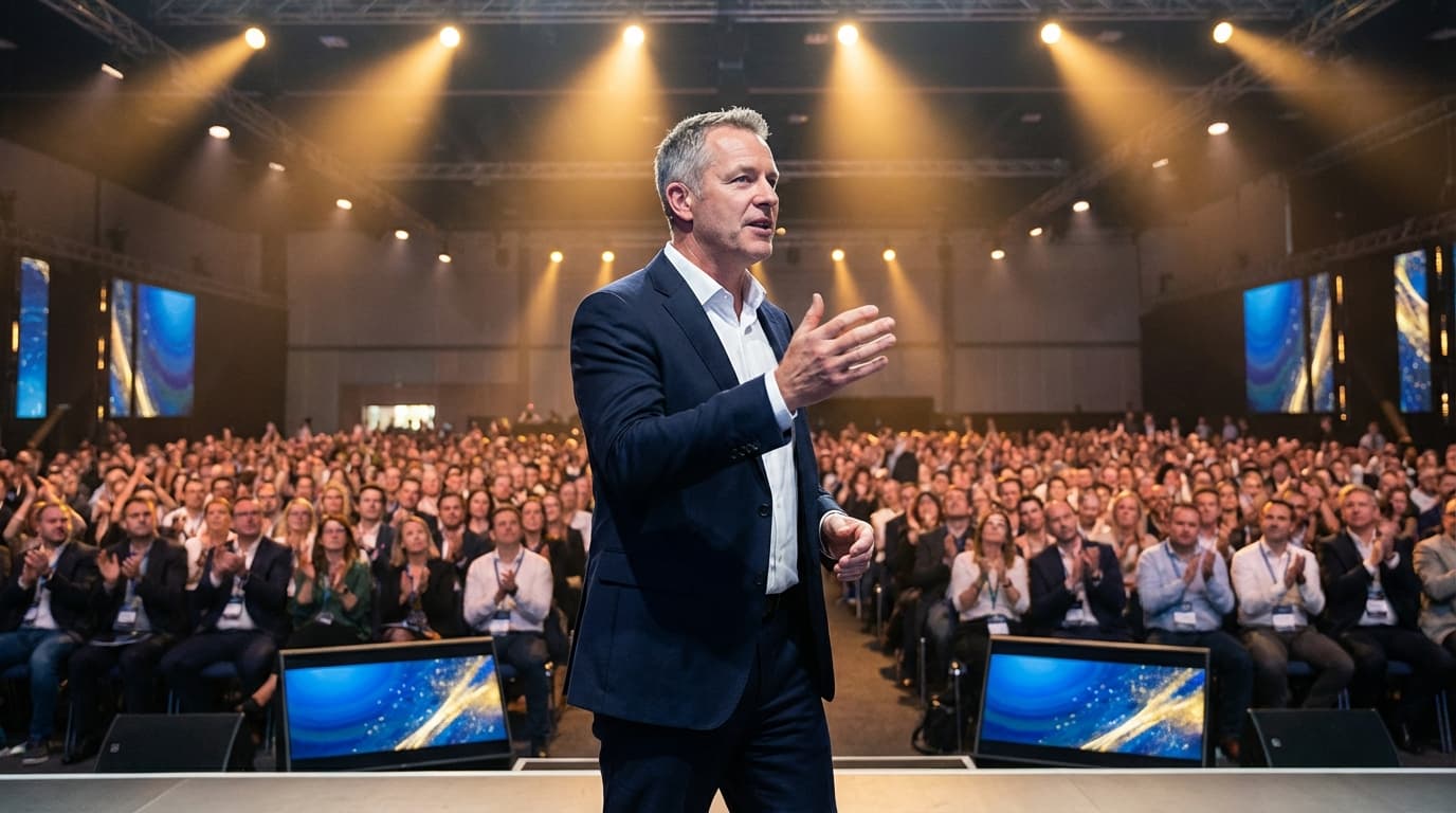 Published author delivering a keynote speech to a large conference audience