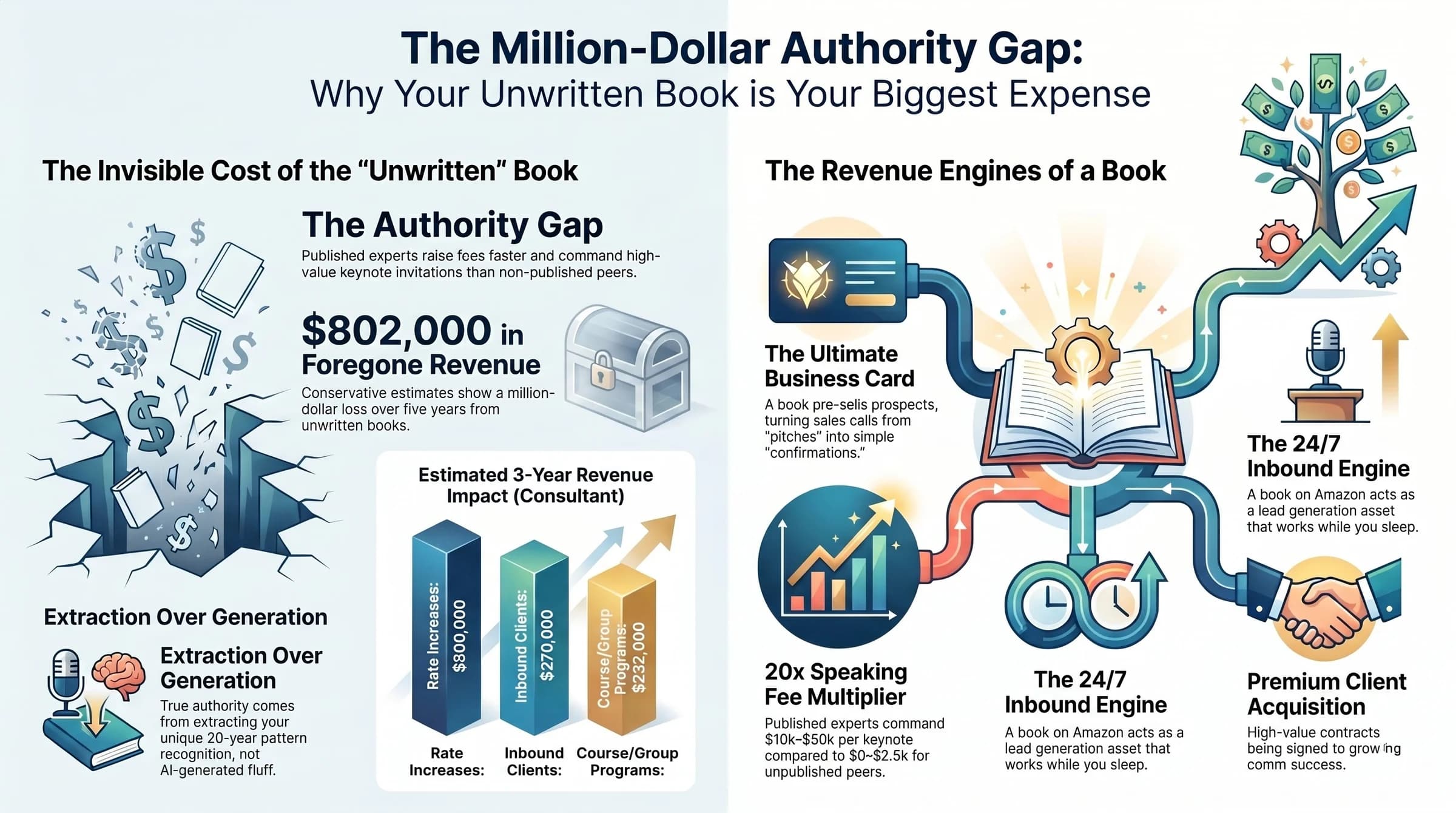 The Million-Dollar Authority Gap — infographic showing the invisible cost of an unwritten book and the five revenue engines of a published book